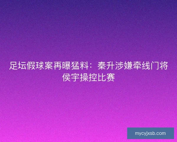 足坛假球案再曝猛料：秦升涉嫌牵线门将侯宇操控比赛